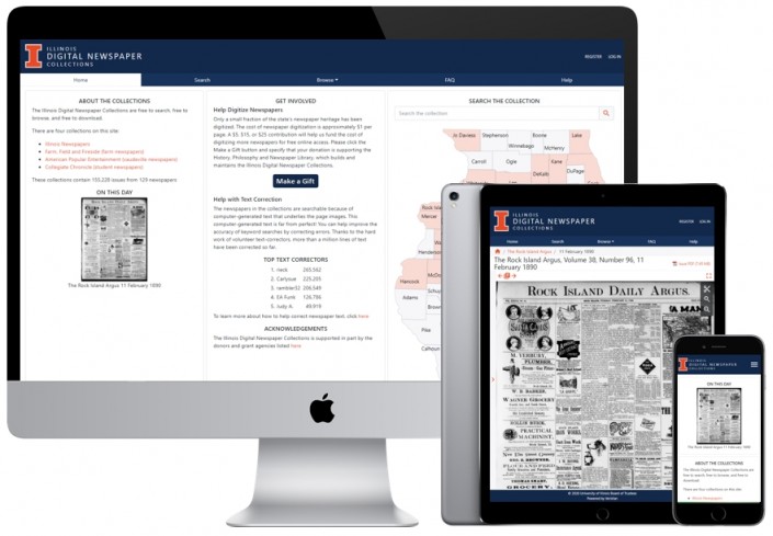 View of the Illinois Digital Newspaper Collection on desktop, tablet and mobile phone screens