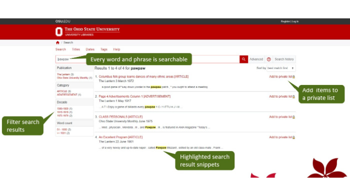 Screenshot showing search features of the Ohio State student newspaper archive