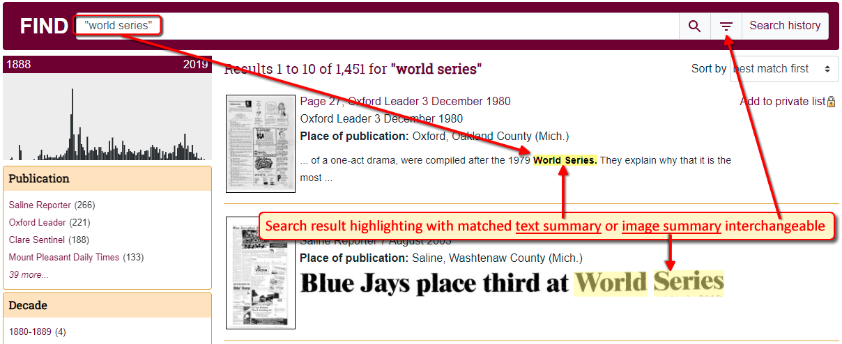 Search result highlighting with matched text summary of image summary interchangeable