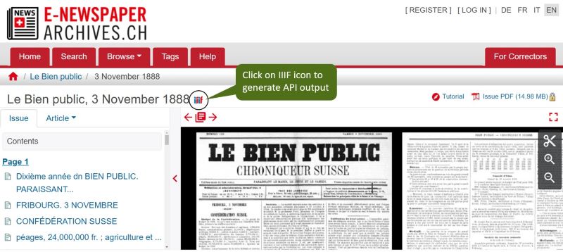 screenshot showing IIIF icons on the Swiss National Library digital newspaper collection