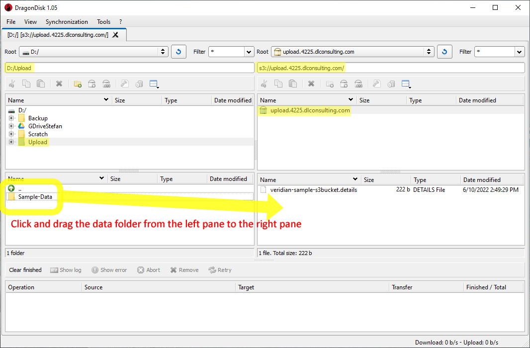 Screenshot of DragonDisk, dragging the sample data folder from the left pane to the right pane.