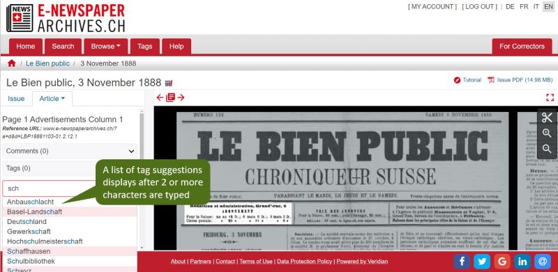 screenshot showing tag suggestions on the Swiss National Library digital newspaper collection