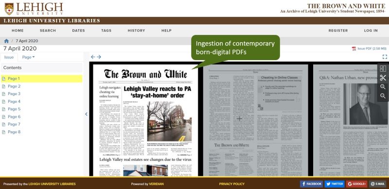 screenshot showing a born-digital PDF that has been ingested into the Lehigh University digital student newspaper collection