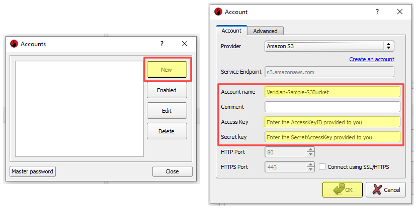 Screenshot showing 'Accounts' dialog and 'Account' dialog for creating an account.