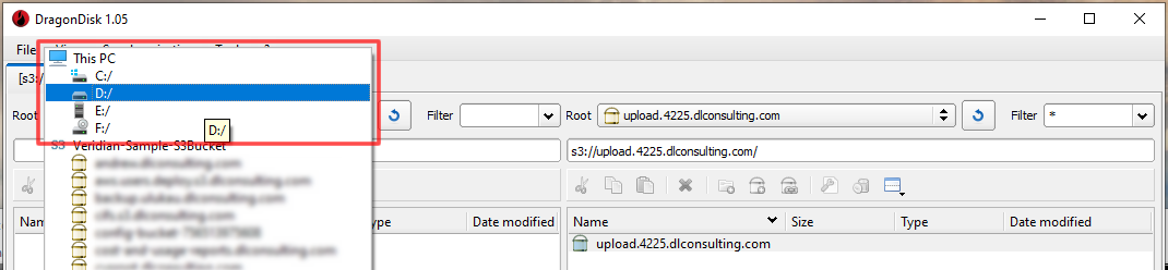 Screenshot of DragonDisk left pane, selecting local drive.