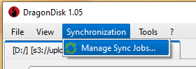 Screenshot showing 'Manage Sync Jobs...' selected from the Synchronization menu.