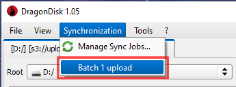 Screenshot showing 'Batch 1 upload' selected from Synchronization menu.