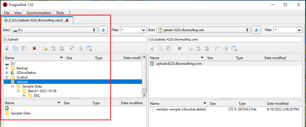 Screenshot of left pane of DragonDisk with sample local folder selected.