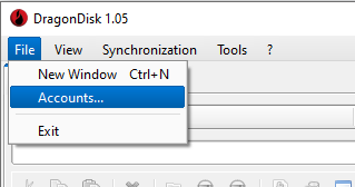Screenshot of DragonDisk 'File' menu, 'Accounts...' option highlighted.