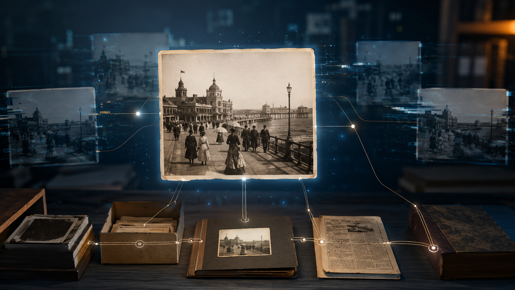 Historical photograph and archival materials connected by digital provenance links, representing traceable source information for digitized collections.