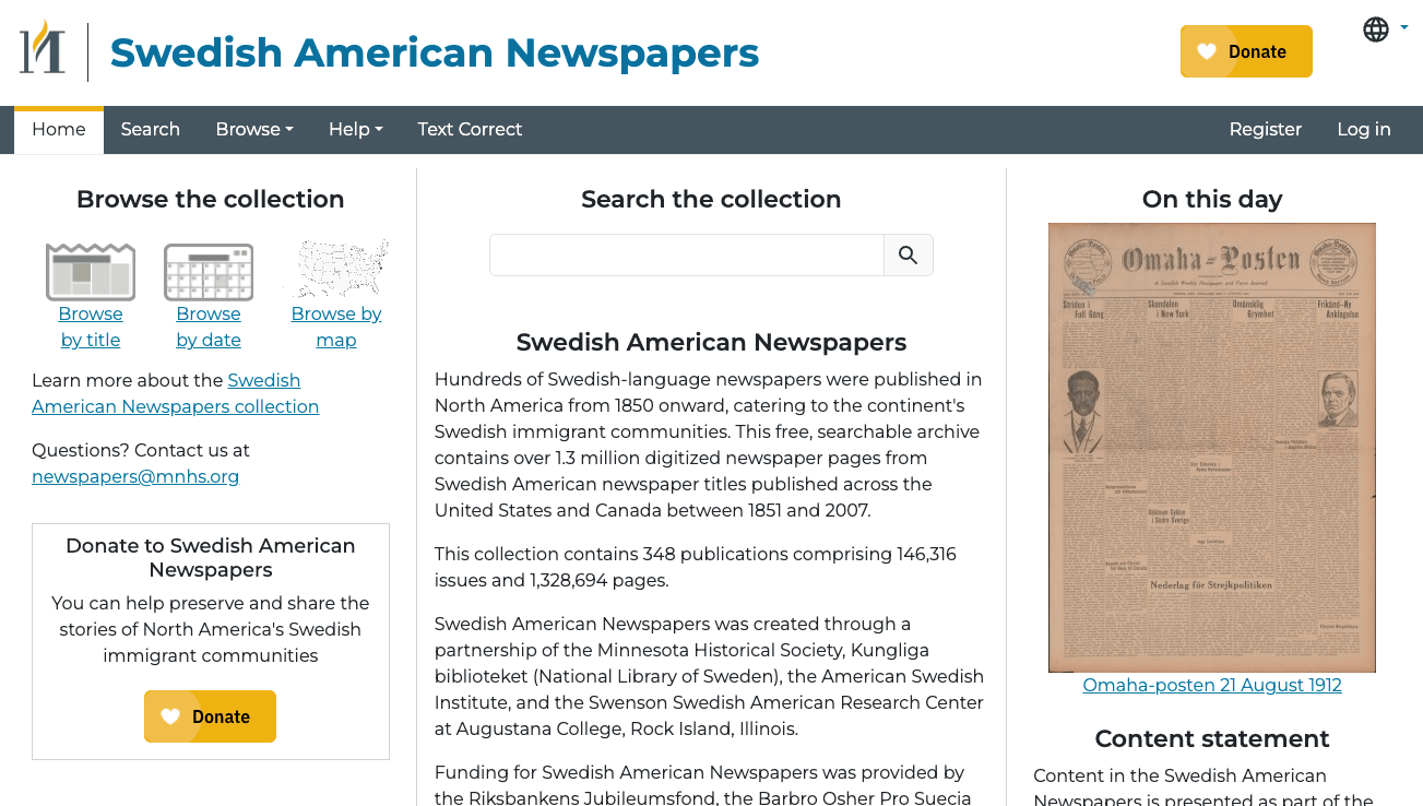Swedish American Newspapers collection displayed on a tablet