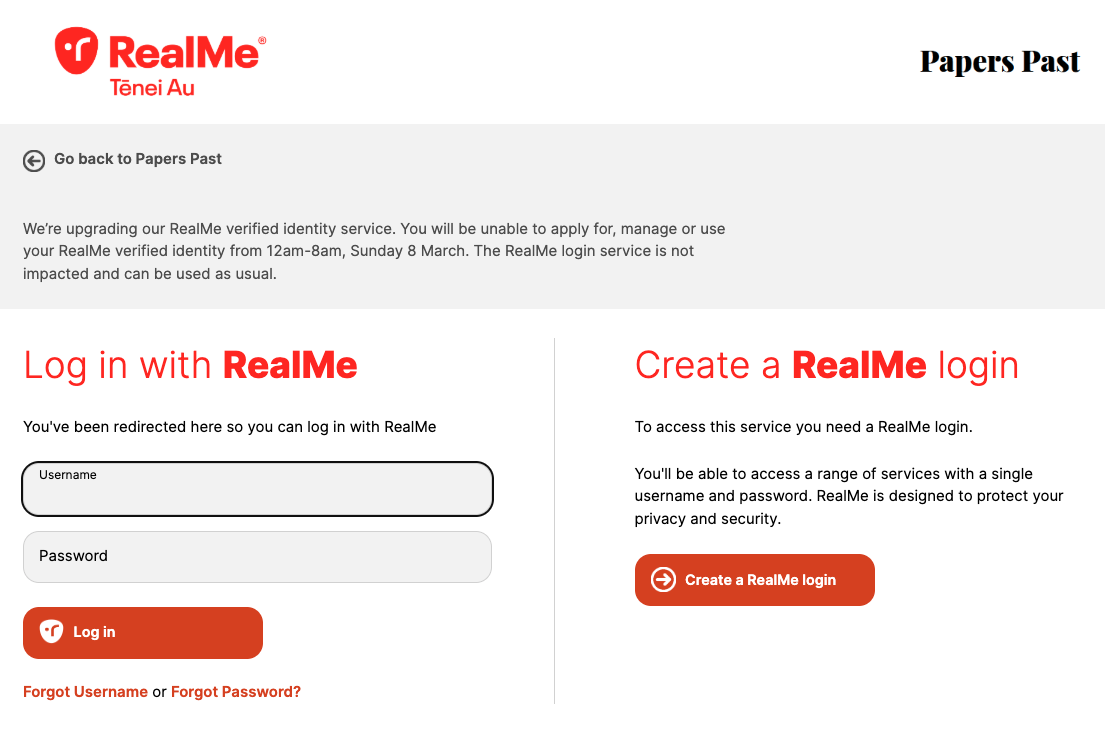Access to Papers Past is facilitated by RealMe